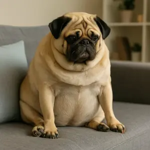 Übergewichtiger Mops sitzt träge auf dem Sofa – Symbol für Gesundheitsrisiken, wenn ein Hund abnehmen muss
