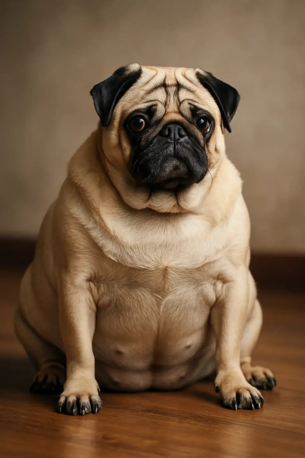Übergewichtiger Mops sitzt ruhig auf dem Boden – Symbolbild für „Hund muss abnehmen: Tipps und Ursachen