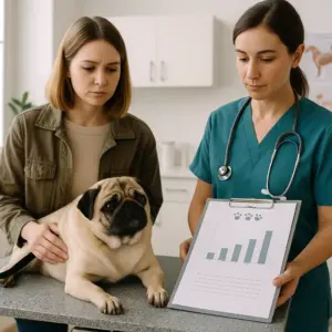 Tierärztin zeigt besorgter Hundebesitzerin eine Gewichtsanalyse – Übergewicht beim Hund erkennen