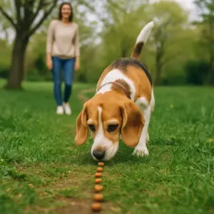 Beagle folgt konzentriert einer Futterfährte im Park, während seine Halterin ihn aus der Ferne beobachtet