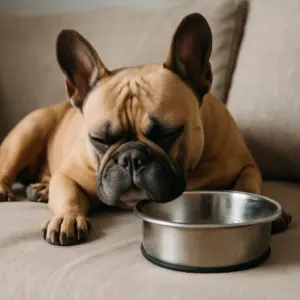 Französische Bulldogge liegt schlafend neben einem vollen Napf – mögliches Anzeichen für Müdigkeit und Trinkverweigerung beim Hund.
