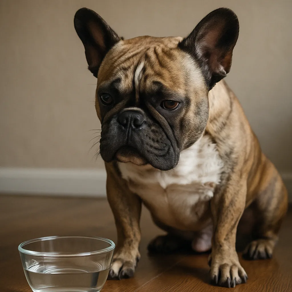 Französische Bulldogge sitzt nachdenklich vor einem Wassernapf – Symbolbild für das Thema „Hund trinkt nicht“ und mögliche Ursachen bei Trinkverweigerung