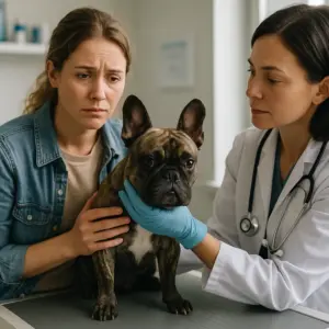 Französische Bulldogge beim Tierarzt mit besorgter Besitzerin – wann du handeln und tierärztliche Hilfe bei Trinkverweigerung deines Hundes suchen solltest