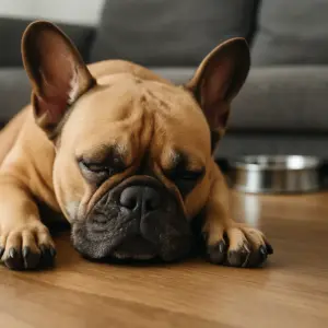 Französische Bulldogge liegt erschöpft auf dem Boden, im Hintergrund ein voller Wassernapf – typisches Anzeichen für zu geringe Wasseraufnahme beim Hund
