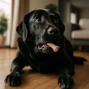 Labrador mit großem Kauknochen im Maul – Symbolbild für verschluckte Fremdkörper beim Hund und passende Erste-Hilfe-Maßnahmen
