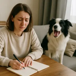 Frau schreibt in ein Verhaltenstagebuch, während ihr winselnder Border Collie neben ihr sitzt – Teil der Ursachenforschung beim Winseln von Hunden