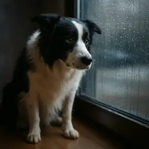 Border Collie sitzt traurig und winselnd am Fenster mit Regentropfen – typische Szene bei Hunden mit Trennungsangst oder emotionalem Stress