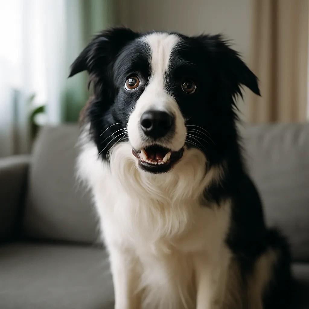 Border Collie sitzt aufmerksam auf dem Sofa – typisches Verhalten, wenn ein Hund winselt