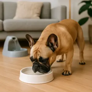 Französische Bulldogge trinkt aus einem weißen Napf, im Hintergrund steht ein Trinkbrunnen – praktische Tipps, um Hunde zum Trinken zu animieren