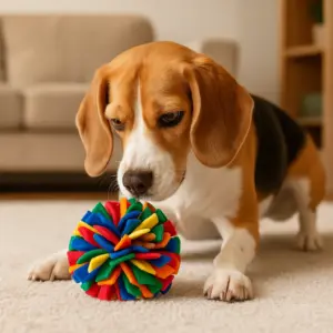 Beagle-Hündin schnüffelt konzentriert an einem bunten Schnüffelball im Wohnzimmer auf einem Teppich