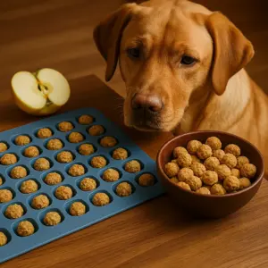 Hundekekse backen mit der Backmatte: Foxred Labrador-Hündin neben frisch gebackenen Apfel-Hafer-Bits in Silikonform