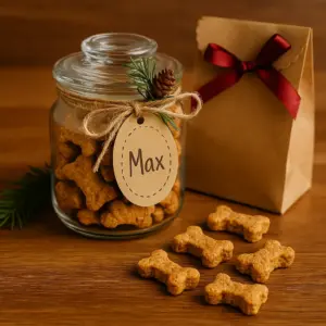  „Selbstgebackene Hundekekse als Geschenkidee in Glas mit Namensetikett und dekorativer Verpackung