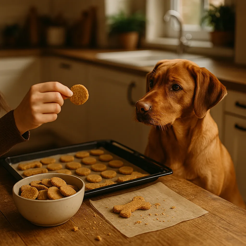 Foxred Labrador-Hündin wartet gespannt in der Küche auf selbstgebackene Hundekekse – Hundekekse backen in verschiedenen Variationen