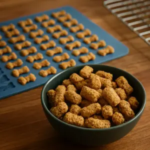 Hundekekse Backmatte Rezepte: Käse-Kräuter-Häppchen frisch gebacken in Silikonbackmatte und Schale auf Holztisch arrangiert