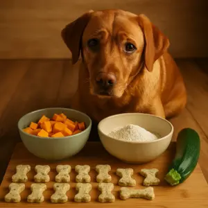 Foxred Labrador-Hündin neben hypoallergenen Hundekeksen mit Zucchini und Kürbis – ideal für Allergiker