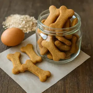 Hundekekse-Grundrezept: Selbstgemachte Hundekekse aus Dinkelmehl, Haferflocken und Ei frisch gebacken auf Backpapier