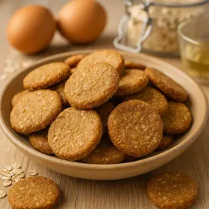 Hundekekse Rezept mit Getreide – Dinkel-Haferflocken-Kekse frisch gebacken auf einem Holzteller, ideal als gesunde Belohnung für Hunde