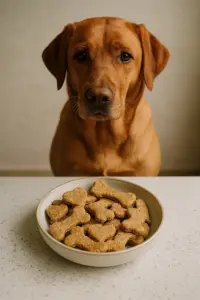 Hundekekse Rezept mit Leberwurst und Haferflocken – Foxred Labrador-Hündin blickt erwartungsvoll auf eine Schale voller selbstgebackener Knochenkekse