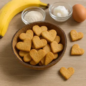 Hundekekse Rezepte ohne Getreide – gebackene Herz-Kekse mit Banane, Kokosöl, Ei und Kokosmehl, angerichtet in einer Kokosnussschale