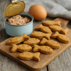 Hundekekse Rezeptideen ohne Getreide – knusprige Thunfisch-Kekse in Fischform mit Flohsamenschalen