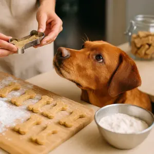 Foxred Labrador-Hündin beobachtet gespannt das Ausstechen von Knochen-förmigen Hundekeksen auf einem Holzbrett – im Vordergrund Mehl und Teigzubereitung