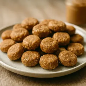 Hundekuchen-Rezept für kleine Hunde: Selbstgebackene Mini-Hundekekse mit Banane und Haferflocken auf einem Keramikteller serviert