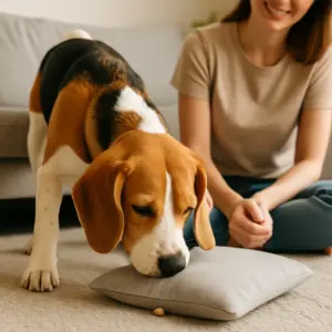 Beagle sucht mit der Nase nach einem versteckten Leckerli unter einem Kissen, während seine Besitzerin zusieht