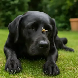 Schwarzer Labrador liegt auf der Wiese mit einer Biene auf der Nase – Symbolbild für Insektenstiche und allergische Reaktionen bei Hunden und passende Erste-Hilfe-Maßnahmen