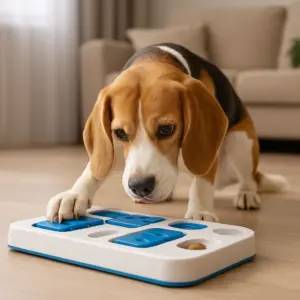 Beagle löst konzentriert ein Intelligenzspielzeug für Hunde und sucht nach versteckten Leckerlis im Hundeschach