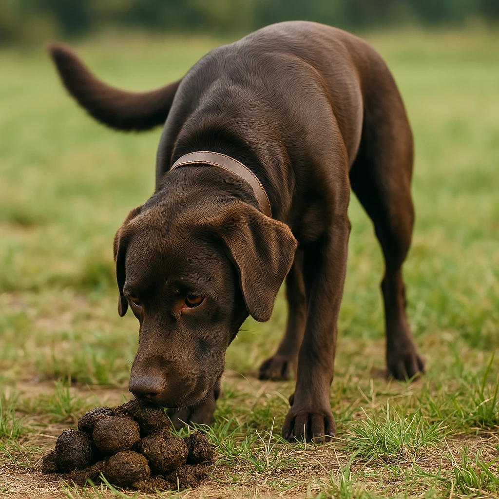 Brauner Labrador beschnuppert einen Haufen Kot auf einer Wiese – typisches Verhalten bei Koprophagie beim Hund