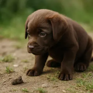 Brauner Labrador-Welpe sitzt auf einer Wiese und schaut neugierig auf einen kleinen Hundekothaufen – typisches Verhalten beim Erkunden in der Welpenzeit
