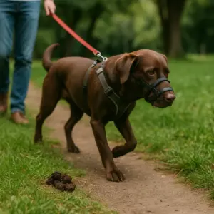 Labrador mit Maulkorb geht an der Leine mit seinem Besitzer um den Kothaufen herum um zu trainieren dass er ihn nicht fressen soll