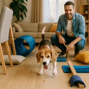 Beagle läuft motiviert durch einen Indoor-Leckerli-Parcours, während sein Herrchen ihn freudig beim Schnüffelspiel beobachtet