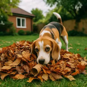 Beagle schnüffelt konzentriert in einem Laubhaufen im Garten auf der Suche nach versteckten Leckerlis