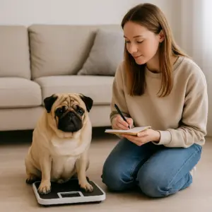 Mops sitzt auf der Waage, während die Besitzerin realistische Diätziele notiert