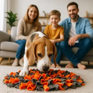 Beagle schnüffelt konzentriert im Schnüffelteppich, während eine Familie ihn im Wohnzimmer beobachtet