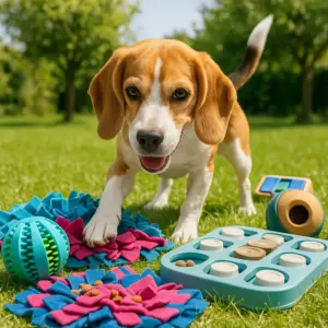 Beagle erkundet draußen auf einer Wiese verschiedene Schnüffelspiele und Intelligenzspielzeuge zur geistigen Auslastung und Abwechslung