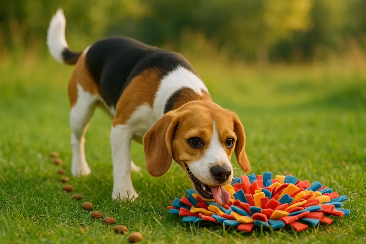 Beagle-Hündin sucht im bunten Schnüffelteppich auf einer Wiese nach Leckerlis bei einem Schnüffelspiel