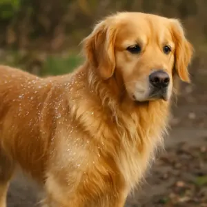 Golden Retriever mit sichtbaren Schuppen im Fell, ein Hinweis auf trockene Haut und Pflegebedarf