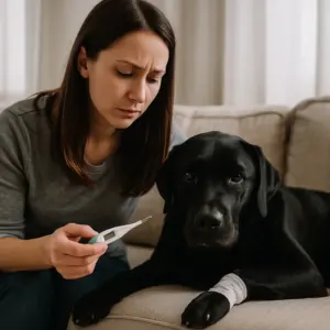 Frau misst Fieber bei ihrem verletzten Labrador auf dem Sofa – wichtige Soforthilfe und Nachsorge beim Hund nach einem medizinischen Notfall