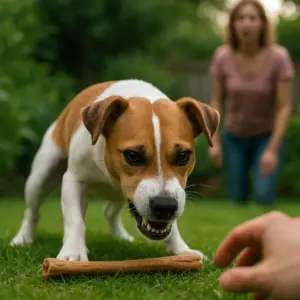 Ein Jack Russell Terrier zeigt typische Körpersprache und Symtome der Futterverteidigung: geduckte Haltung, fixierender Blick und leicht gefletschte Zähne, während sich eine Hand dem Kauknochen nähert