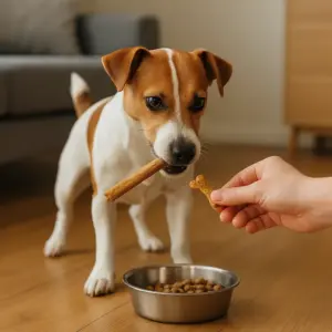 Ein Jack Russell Terrier hält eine Kaustange im Maul, während ihm eine Hand ein Leckerli anbietet – Übung eines Tauschrituals zur Reduzierung von Ressourcenverteidigung.