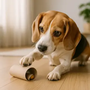 Beagle versucht mit der Pfote ein Leckerli aus einer befüllten Toilettenpapierrolle beim kreativen Hundesuchspiel zu holen
