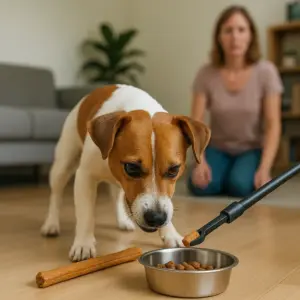 Ein Jack Russell Terrier beobachtet aufmerksam ein Leckerli, das mit einem Greifarm in seinen Futternapf gelegt wird – Trainingsmethode zur Vorbeugung von Ressourcenverteidigung bei Hunden