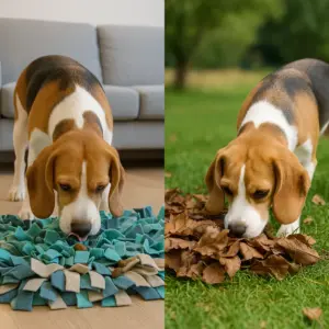 Beagle beim Schnüffeln im Schnüffelteppich drinnen und im Laubhaufen draußen – verschiedene Arten von Schnüffelspielen für Hunde