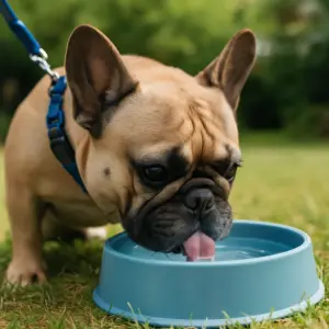 Französische Bulldogge trinkt aus einem Napf im Freien – effektive Vorbeugung gegen Dehydration und Tipps für unterwegs