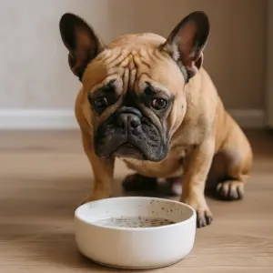 Französische Bulldogge blickt skeptisch auf einen verschmutzten Wassernapf – mögliche Ursachen für Trinkverweigerung beim Hund