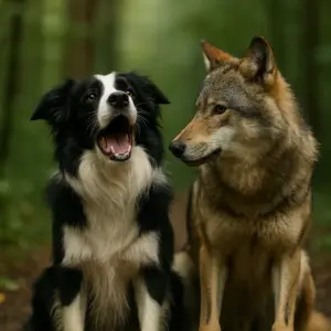 Border Collie und Wolf sitzen nebeneinander im Wald – Symbolbild zur Frage: Warum winseln Hunde