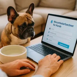 Französische Bulldogge schaut mit ihrem Besitzer auf einen Laptop mit geöffnetem Wasserbedarfsrechner für Hunde