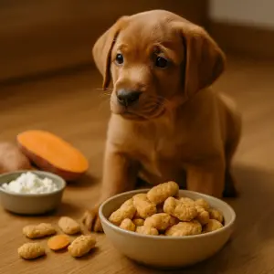 Labrador-Welpe mit selbstgebackenen Welpen-Leckerlis aus Süßkartoffel und Hüttenkäse